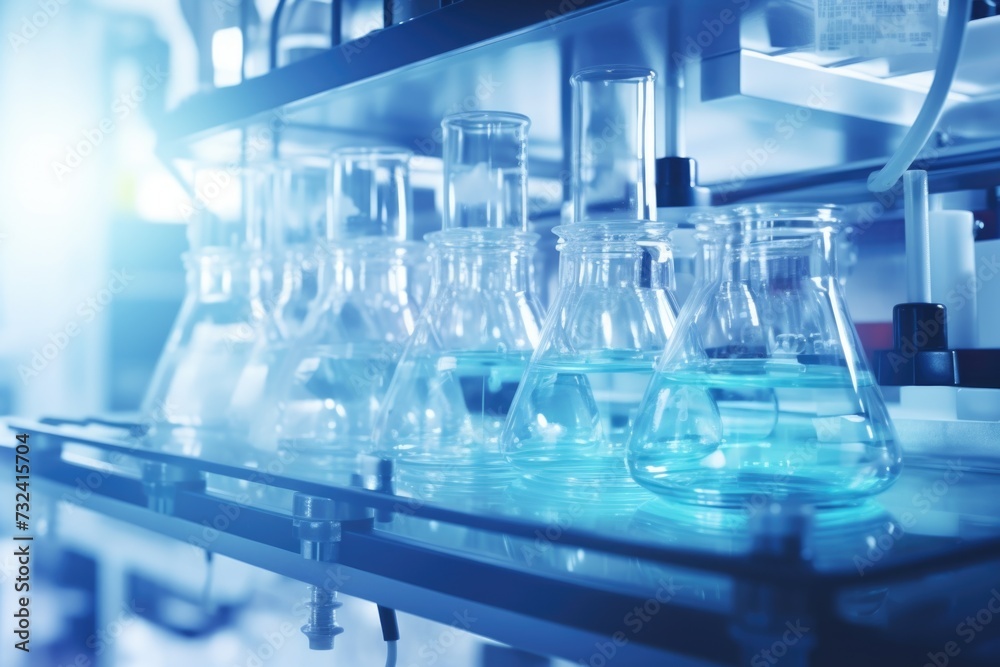 Poster Glass flasks neatly arranged on a shelf. Ideal for science and laboratory-related projects