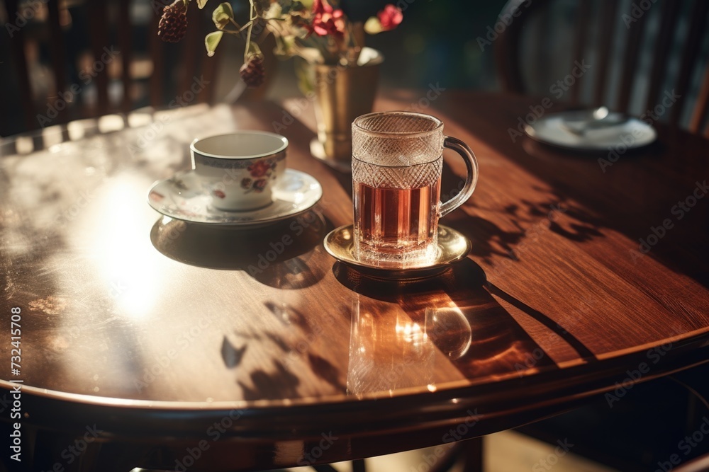 Aufkleber a simple and elegant image of a cup of tea and a saucer placed on a table. perfect for illustrating 