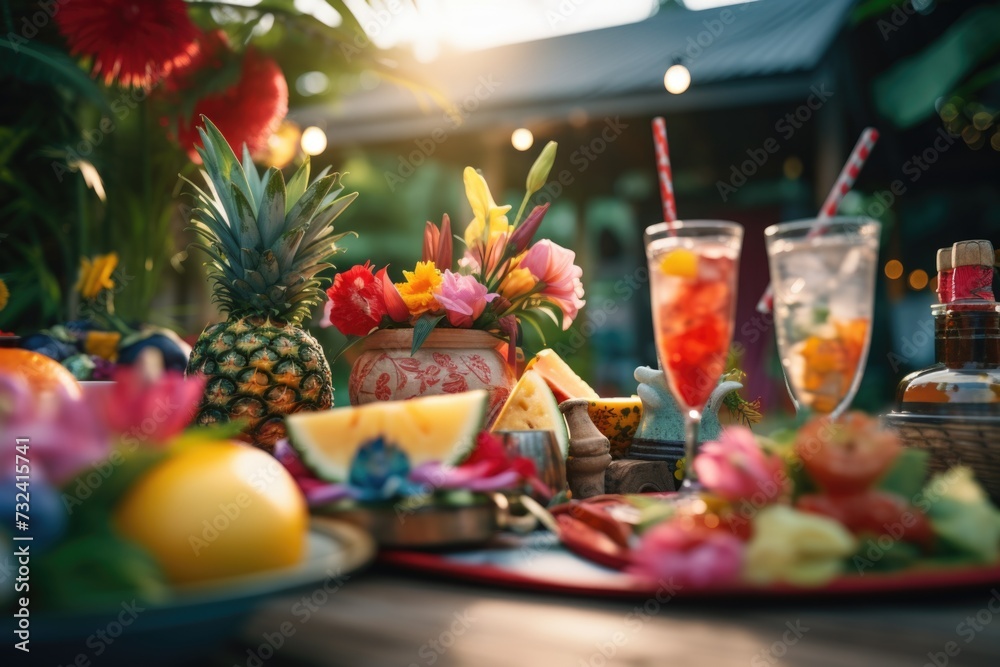 Poster a table filled with plates of food and drinks. perfect for showcasing a delicious meal or setting up