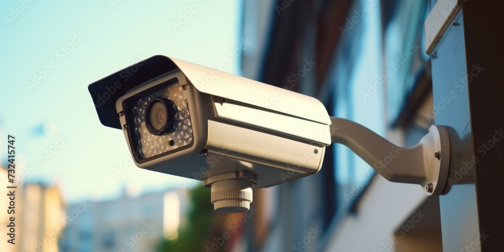 Poster a security camera mounted on the side of a building. can be used for surveillance purposes