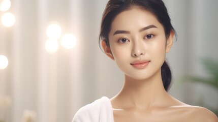 A woman wearing a towel around her neck, ready for a spa or beauty treatment. Perfect for promotional materials or articles about self-care and relaxation