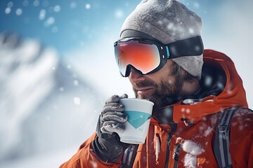 A man wearing an orange jacket holding a cup of coffee. Perfect for illustrating a cozy morning routine or enjoying a warm beverage in cold weather - obrazy, fototapety, plakaty