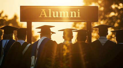 Alumni reunion concept image with sign alumni on college campus and graduated students with regalia and hat in background