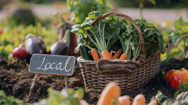 Local organic vegetables production with a basket of different products and sign local