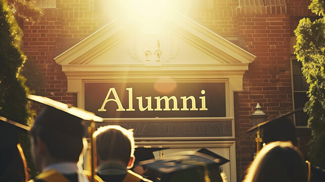 Alumni reunion concept image with sign alumni on college campus and graduated students with regalia and hat in background