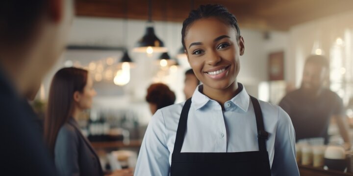 A woman wearing an apron stands in a restaurant. This image can be used to depict a chef, waitress, or restaurant staff member in a professional setting