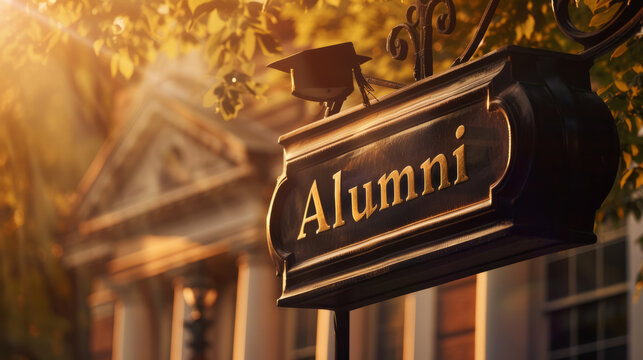 Alumni reunion concept image with sign alumni on college campus