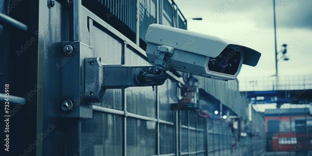 Poster a detailed view of a security camera mounted on a building. this image can be used to depict surveil
