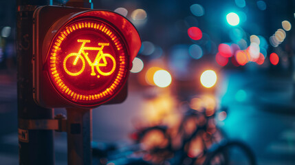 Red light sign for bicycle at night in city lane street , forbid bike to move on the road concept image , closed cycle path