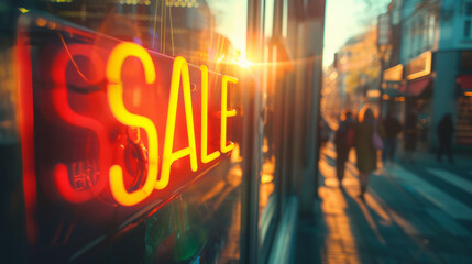 Sale concept image with a Sale sign in a shop window and people in street in background - Powered by Adobe