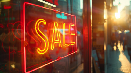 Sale concept image with a Sale sign in a shop window and people in street in background - Powered by Adobe