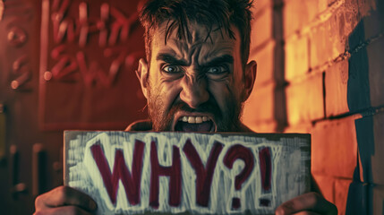 Angry man asking why with a sign - obrazy, fototapety, plakaty