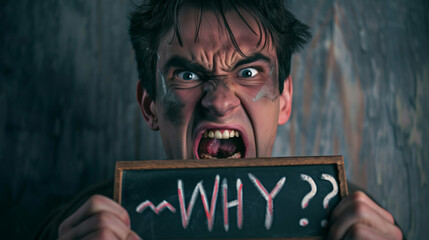 Angry man asking why with a sign - obrazy, fototapety, plakaty
