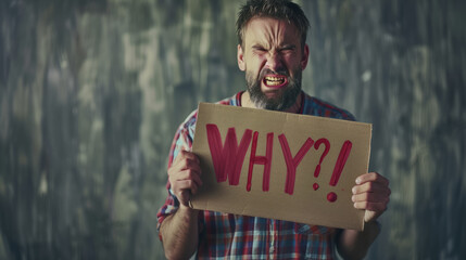 Angry man asking why with a sign and copy space - obrazy, fototapety, plakaty