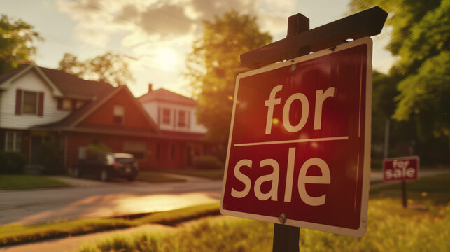 Home for sale with a sign with written for sale in front of a house , real estate sales concept image background