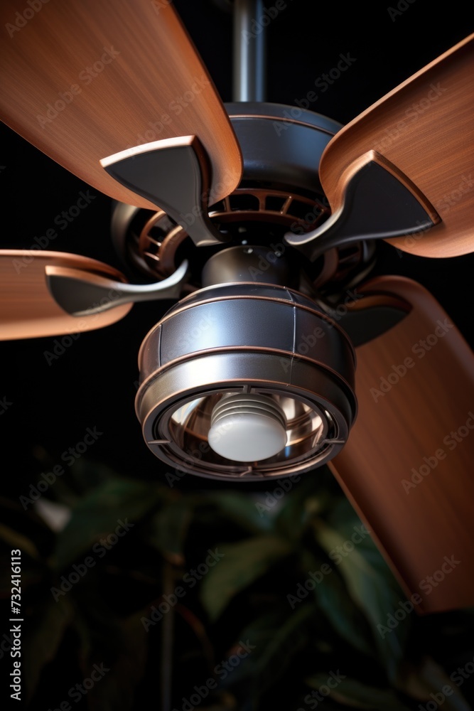 Poster A close-up view of a ceiling fan with a light. Perfect for adding a touch of modernity and functionality to any room
