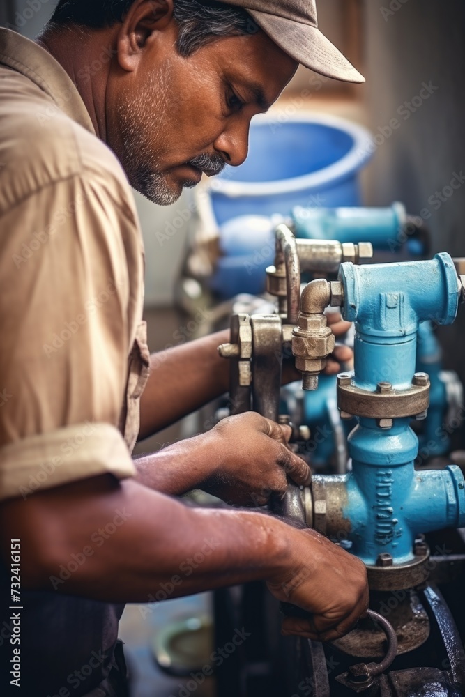 Aufkleber A man is seen working on a machine in a factory. This image can be used to depict industrial work, manufacturing processes, or the concept of productivity in a factory setting