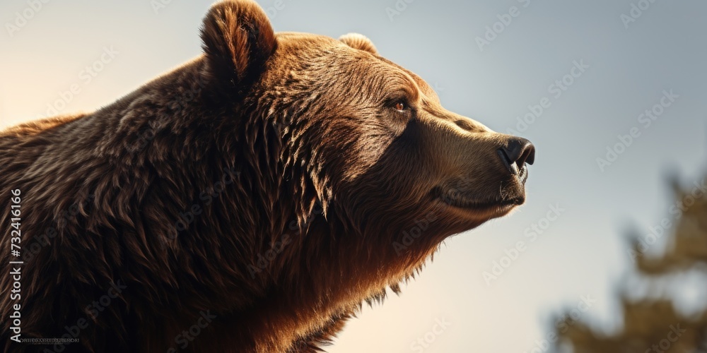 Poster a close up view of a bear's face with trees in the background. perfect for wildlife enthusiasts or n