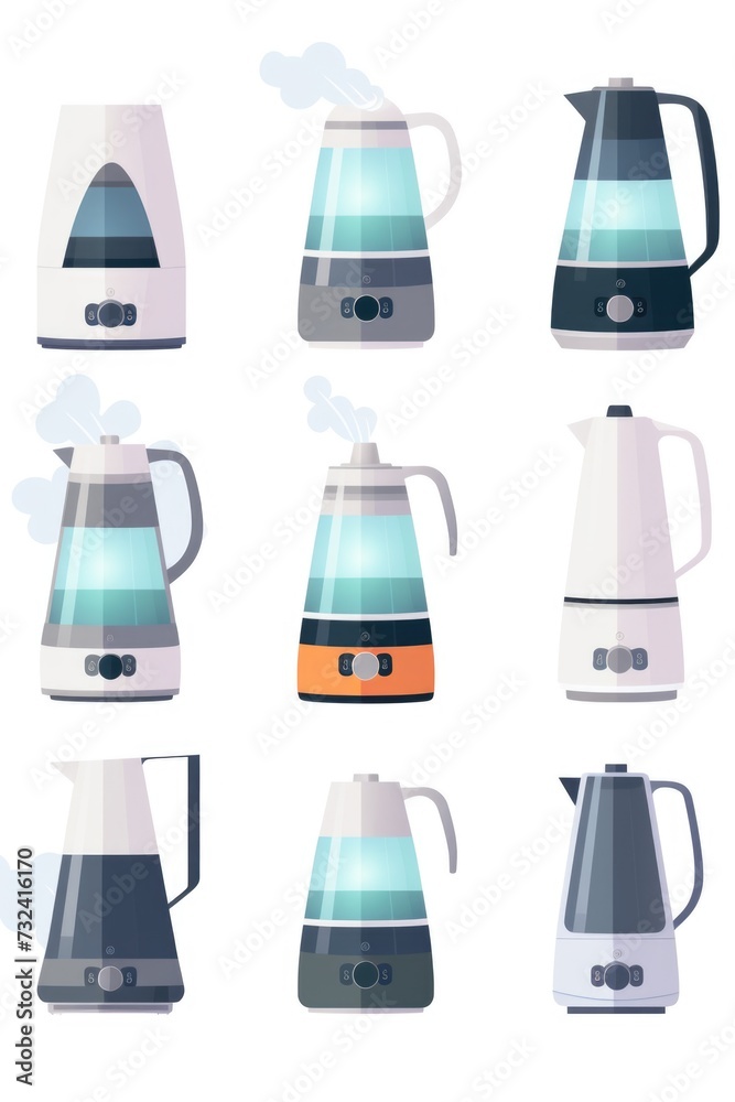 Poster a collection of electric kettles in different designs and colors. ideal for use in kitchen-related a