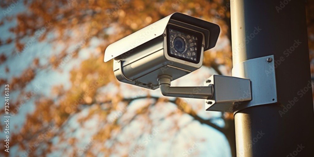 Poster a close-up view of a camera mounted on a pole. this image can be used to illustrate surveillance, se