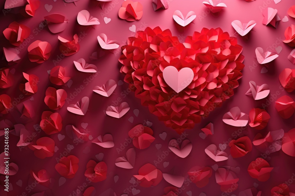 Poster a red heart is surrounded by an abundance of paper hearts. this image can be used to represent love,