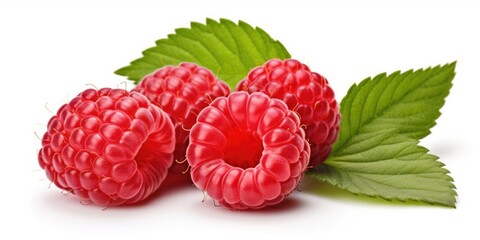Three raspberries with leaves on a white background. Perfect for food and nutrition-related projects