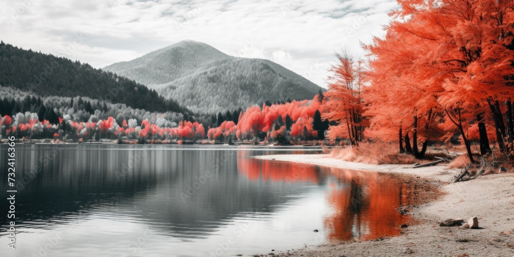 Poster a serene body of water surrounded by vibrant trees covered in red leaves. perfect for capturing the 