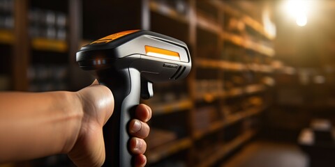 Hand holding a barcode scanner in a store. Can be used for inventory management or retail operations
