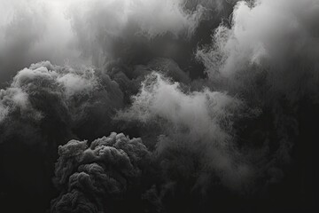 Dramatic and moody depiction of swirling fog storm clouds and rain mist against dark black background capturing intense and powerful essence of stormy weather - obrazy, fototapety, plakaty