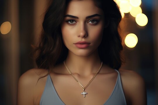 A beautiful young woman wearing a cross necklace. This image can be used to depict faith, spirituality, or fashion