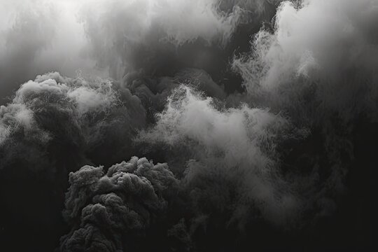 Dramatic and moody depiction of swirling fog storm clouds and rain mist against dark black background capturing intense and powerful essence of stormy weather