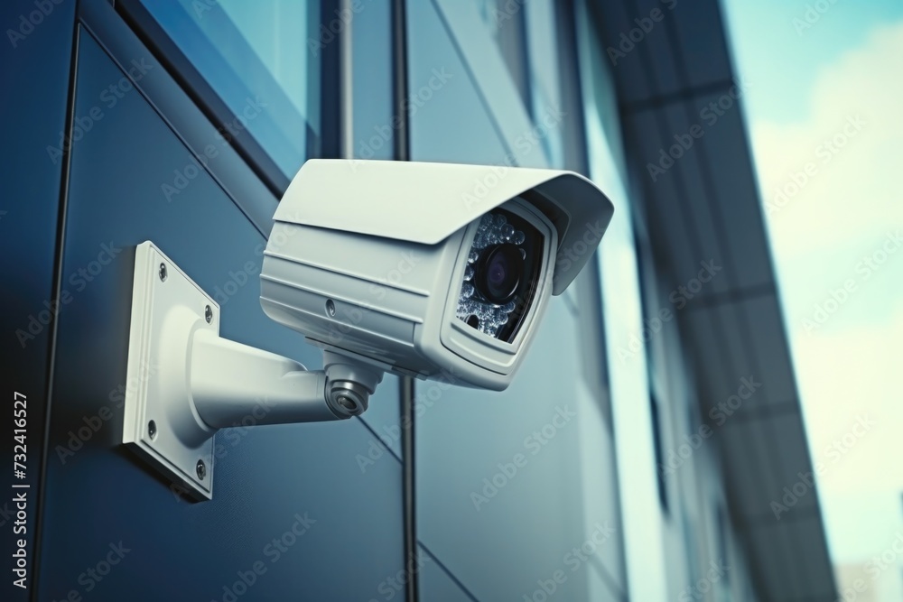 Poster A security camera mounted on the side of a building. Can be used to monitor and record activities in a specific area