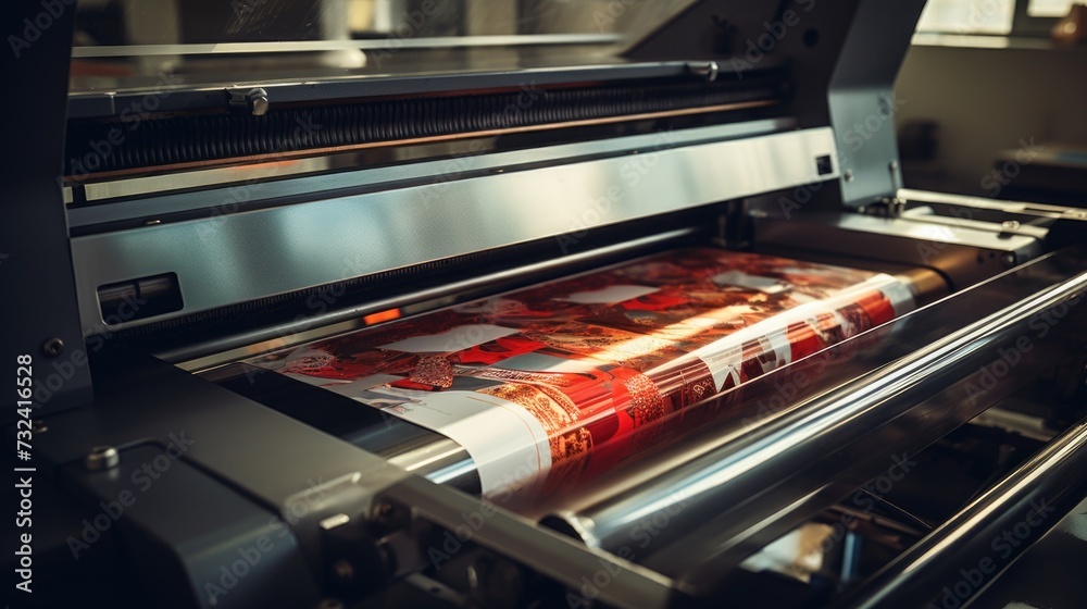 Poster A large print machine is in action, printing a magazine. Perfect for illustrating the printing process and the production of magazines