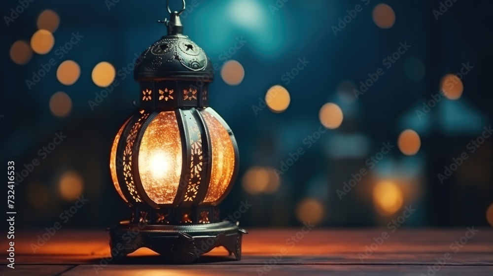 Aufkleber A lit lantern sits on a wooden table with beautiful bokeh lights in the background. Perfect for creating a warm and cozy atmosphere