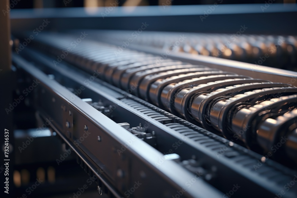 Poster a detailed view of a conveyor belt in a factory. this image can be used to showcase manufacturing pr