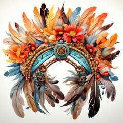 watercolor Native American Tribal Feather crown clipart, Generative Ai