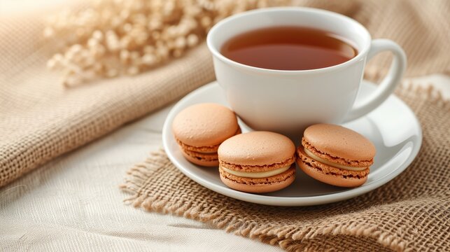 a cup of tea and macaroons in a beige tone. minimal style.