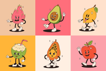 Retro groovy fruit characters. Big collection of funky happy mascots with happy smiling face.