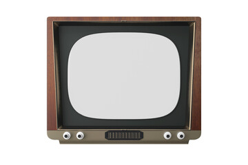 Classic television set, blank screen, wooden frame, isolated on white. Vintage media concept. 3D Rendering
