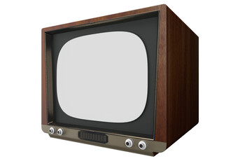Retro television set at an angle, white screen, isolated. Vintage broadcast concept. 3D Rendering