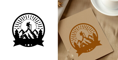 Hiking emblem logo with man silhoutte. adventure badge design. Mountains labels. Mountain Stamp. Mountaineering, climbing, hiking vector illustration. 