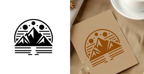 Mountain emblem logo with half circular outline. adventure badge design. Mountains labels. Mountain Stamp. Mountaineering, climbing, hiking vector illustration. 