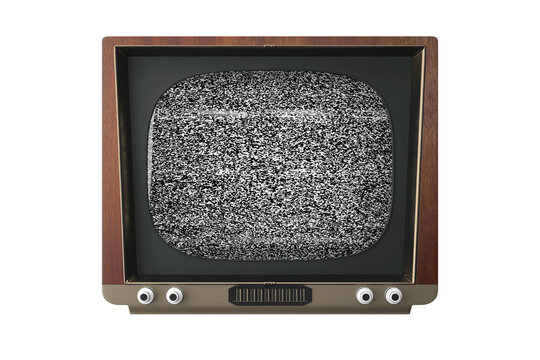 Old fashioned television with static noise screen, vintage media technology, isolated on white. 3D Rendering