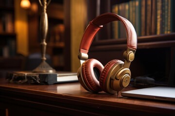 Headphones resting on a wooden desk, suitable for a variety of music-related themes and concepts