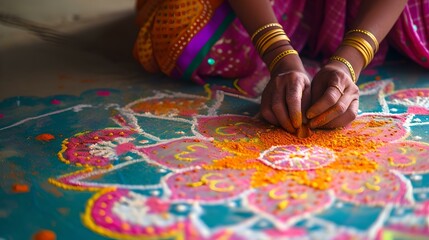 Traditional indian rangoli being created by artisan hands. vibrant cultural art form. decorative floor patterns in making. AI