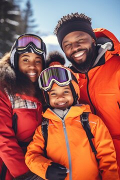 A family consisting of a man, woman, and child wearing ski goggles, enjoying a skiing trip together. This image can be used to depict a fun family activity or promote winter sports