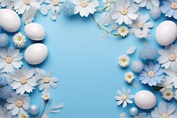 Fototapeta na wymiar A vibrant blue background with delicate white and blue flowers and colorful eggs. Perfect for Easter-themed designs and springtime projects
