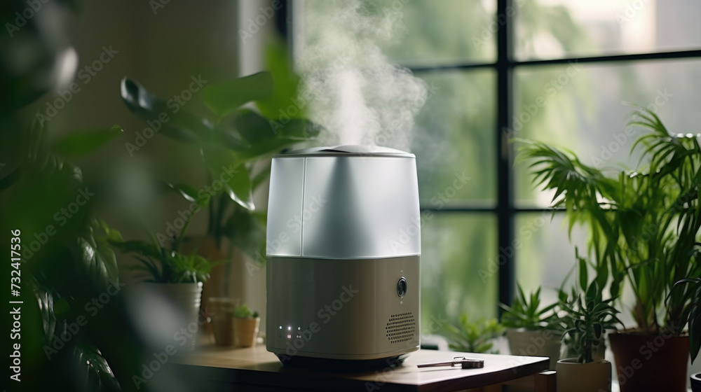 Aufkleber A compact and straightforward description of the image showing a humidifier placed on top of a table next to a potted plant.
