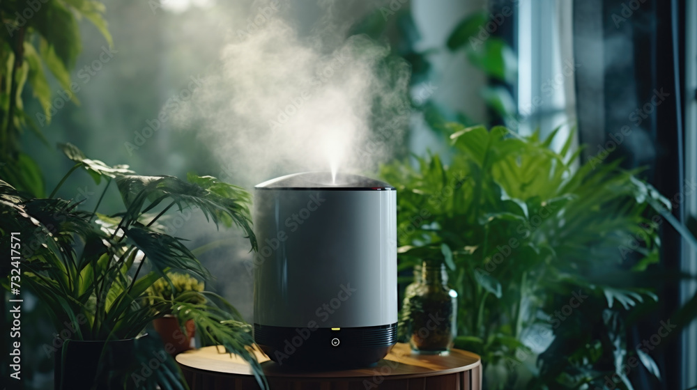 Poster A compact and straightforward description of a humidifier sitting on top of a wooden table. This versatile image can be used in various settings