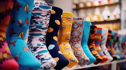 Colorful socks hanging from a rack, suitable for various uses
